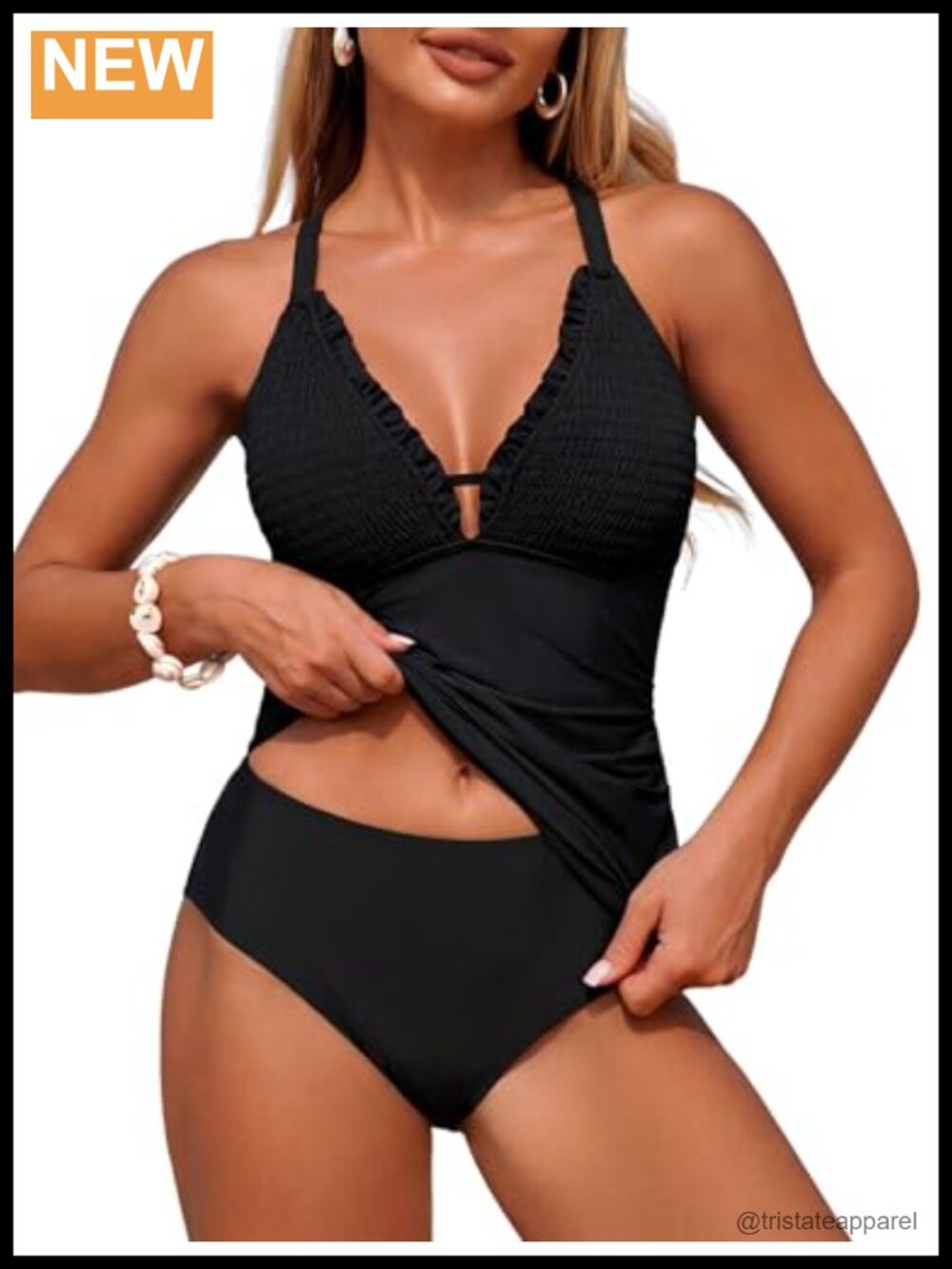 Smocked Tankini Set V Neck Ruffle High Waisted 2 Piece Bathing Suit